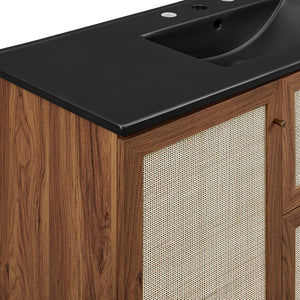 Modway Furniture Soma 48" Single Sink Bathroom Vanity - Modern Rattan-Weave Design with Ceramic Sink & Storage Solutions Walnut Black EEI-6720-WAL-BLK