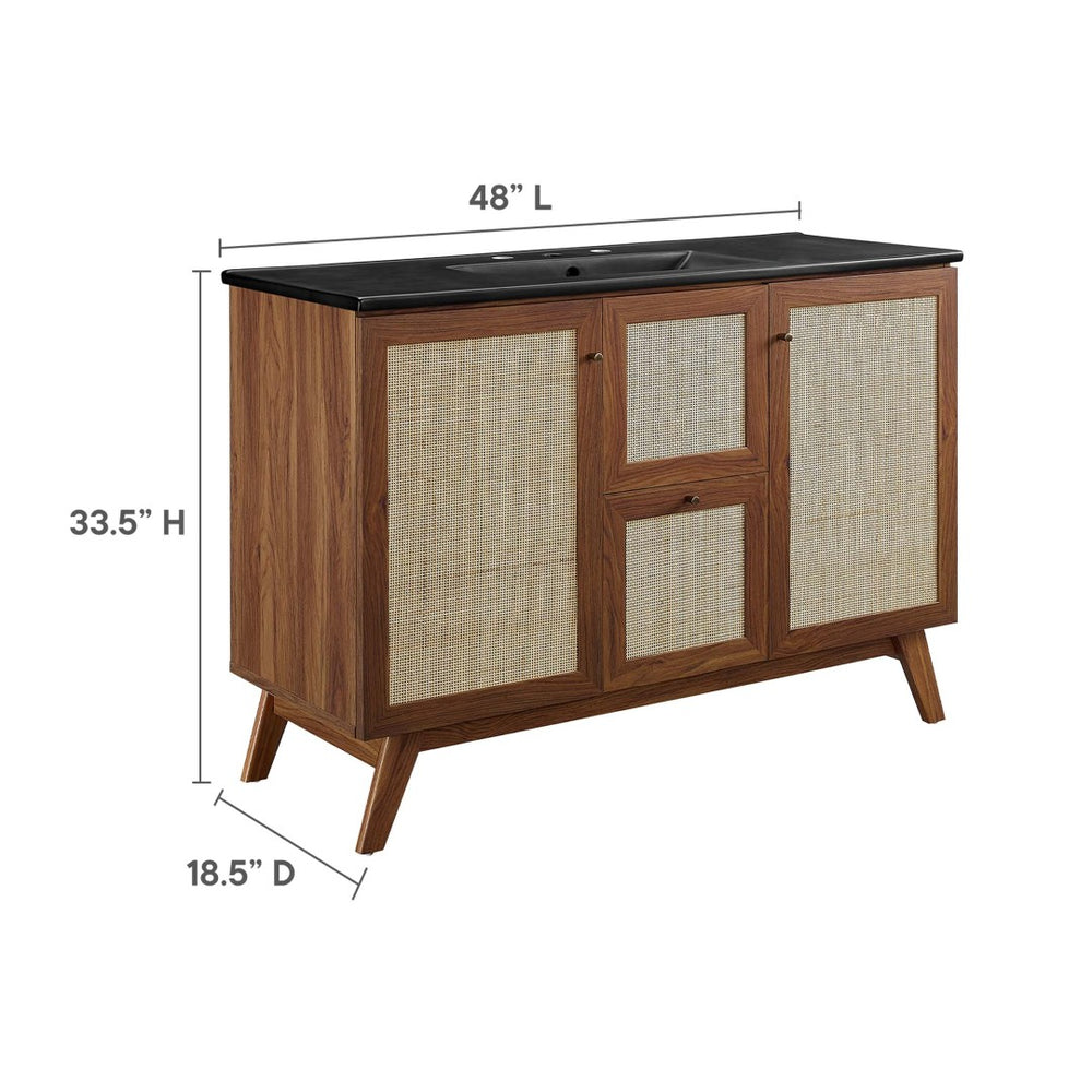 Modway Furniture Soma 48" Single Sink Bathroom Vanity - Modern Rattan-Weave Design with Ceramic Sink & Storage Solutions Walnut Black EEI-6720-WAL-BLK
