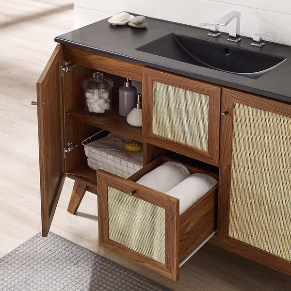 Modway Furniture Soma 48" Single Sink Bathroom Vanity - Modern Rattan-Weave Design with Ceramic Sink & Storage Solutions Walnut Black EEI-6720-WAL-BLK