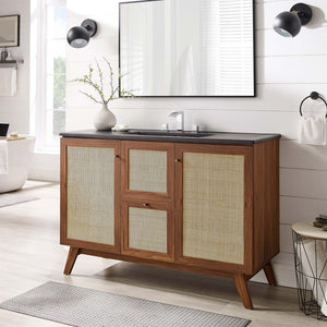 Modway Furniture Soma 48" Single Sink Bathroom Vanity - Modern Rattan-Weave Design with Ceramic Sink & Storage Solutions Walnut Black EEI-6720-WAL-BLK