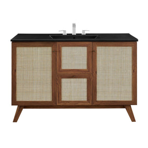 Modway Furniture Soma 48" Single Sink Bathroom Vanity - Modern Rattan-Weave Design with Ceramic Sink & Storage Solutions Walnut Black EEI-6720-WAL-BLK