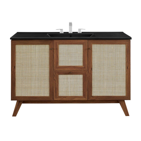 Modway Furniture Soma 48" Single Sink Bathroom Vanity - Modern Rattan-Weave Design with Ceramic Sink & Storage Solutions Walnut Black EEI-6720-WAL-BLK