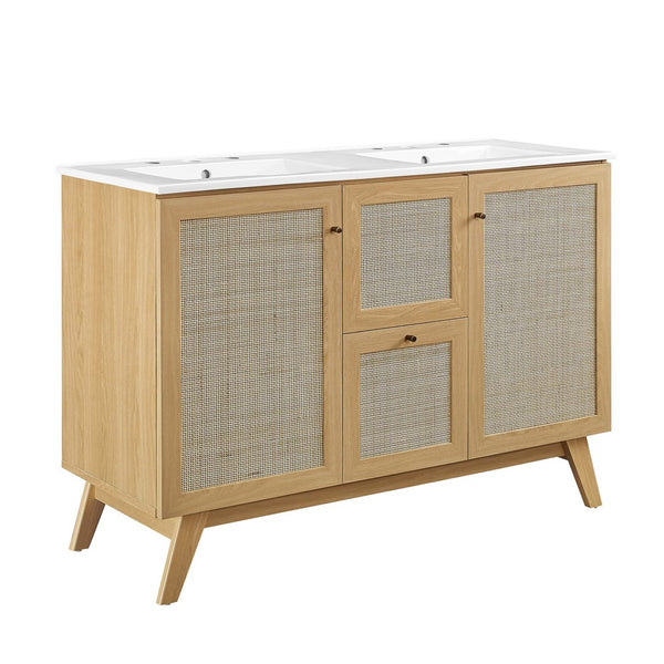 Modway Furniture Soma 48" Double Sink Bathroom Vanity with Rattan-Weave Doors for Modern Home Elegance and Storage Oak White EEI-6721-OAK-WHI