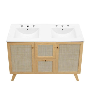 Modway Furniture Soma 48" Double Sink Bathroom Vanity with Rattan-Weave Doors for Modern Home Elegance and Storage Oak White EEI-6721-OAK-WHI