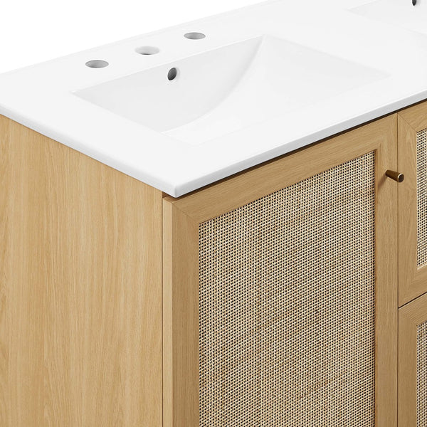 Modway Furniture Soma 48" Double Sink Bathroom Vanity with Rattan-Weave Doors for Modern Home Elegance and Storage Oak White EEI-6721-OAK-WHI