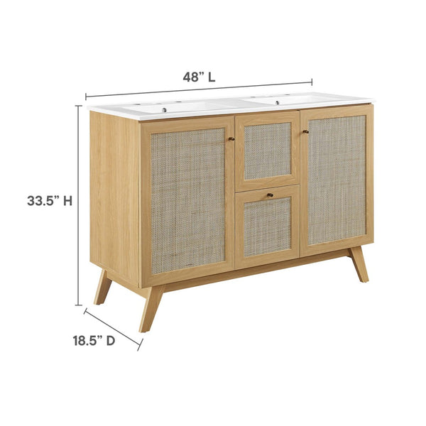 Modway Furniture Soma 48" Double Sink Bathroom Vanity with Rattan-Weave Doors for Modern Home Elegance and Storage Oak White EEI-6721-OAK-WHI