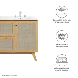 Modway Furniture Soma 48" Double Sink Bathroom Vanity with Rattan-Weave Doors for Modern Home Elegance and Storage Oak White EEI-6721-OAK-WHI
