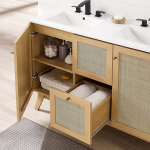 Modway Furniture Soma 48" Double Sink Bathroom Vanity with Rattan-Weave Doors for Modern Home Elegance and Storage Oak White EEI-6721-OAK-WHI
