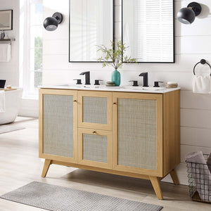 Modway Furniture Soma 48" Double Sink Bathroom Vanity with Rattan-Weave Doors for Modern Home Elegance and Storage Oak White EEI-6721-OAK-WHI