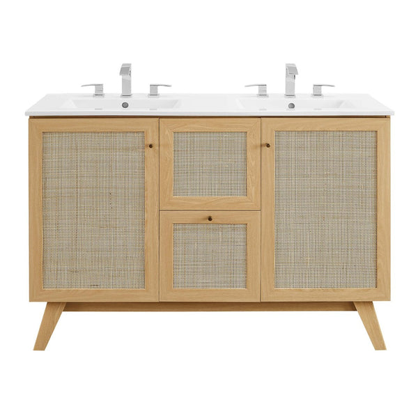 Modway Furniture Soma 48" Double Sink Bathroom Vanity with Rattan-Weave Doors for Modern Home Elegance and Storage Oak White EEI-6721-OAK-WHI