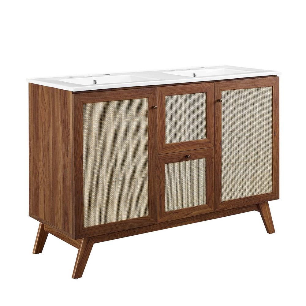 Modway Furniture Soma 48" Double Sink Bathroom Vanity with Rattan-Weave Doors for Modern Home Elegance and Storage Walnut White EEI-6721-WAL-WHI