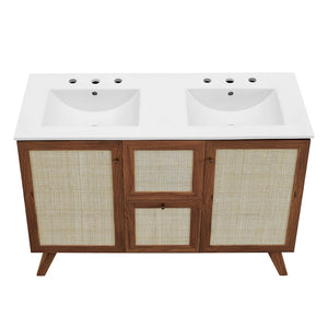 Modway Furniture Soma 48" Double Sink Bathroom Vanity with Rattan-Weave Doors for Modern Home Elegance and Storage Walnut White EEI-6721-WAL-WHI