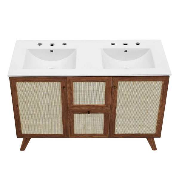 Modway Furniture Soma 48" Double Sink Bathroom Vanity with Rattan-Weave Doors for Modern Home Elegance and Storage Walnut White EEI-6721-WAL-WHI