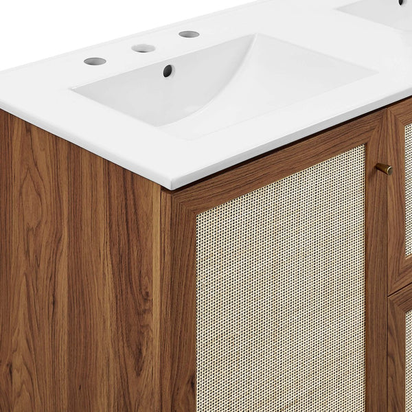 Modway Furniture Soma 48" Double Sink Bathroom Vanity with Rattan-Weave Doors for Modern Home Elegance and Storage Walnut White EEI-6721-WAL-WHI