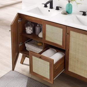 Modway Furniture Soma 48" Double Sink Bathroom Vanity with Rattan-Weave Doors for Modern Home Elegance and Storage Walnut White EEI-6721-WAL-WHI