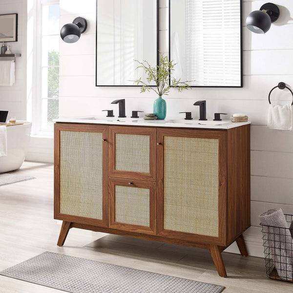 Modway Furniture Soma 48" Double Sink Bathroom Vanity with Rattan-Weave Doors for Modern Home Elegance and Storage Walnut White EEI-6721-WAL-WHI