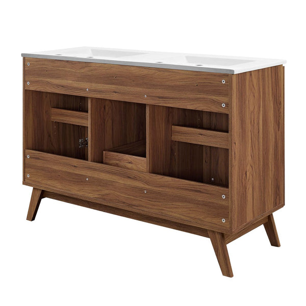 Modway Furniture Soma 48" Double Sink Bathroom Vanity with Rattan-Weave Doors for Modern Home Elegance and Storage Walnut White EEI-6721-WAL-WHI