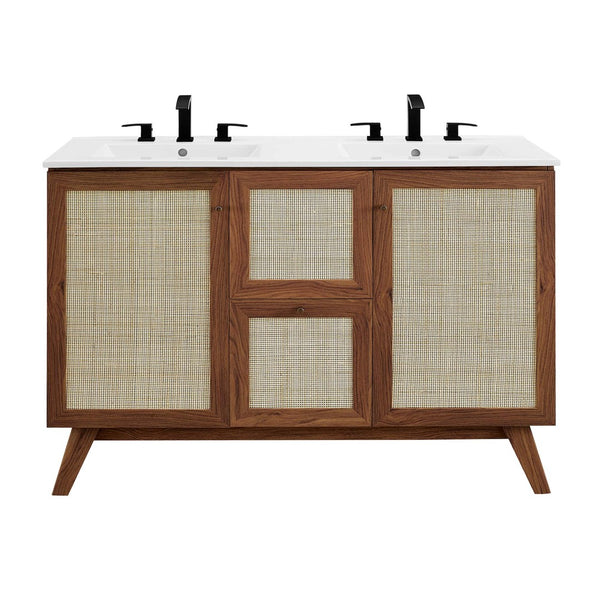 Modway Furniture Soma 48" Double Sink Bathroom Vanity with Rattan-Weave Doors for Modern Home Elegance and Storage Walnut White EEI-6721-WAL-WHI