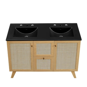 Modway Furniture Soma 48" Double Sink Bathroom Vanity with Rattan-Weave Doors and Soft-Close Storage Solutions Oak Black EEI-6722-OAK-BLK