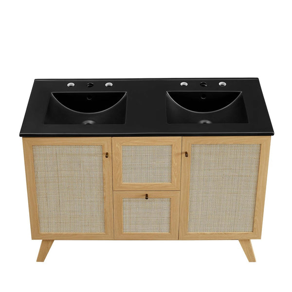 Modway Furniture Soma 48" Double Sink Bathroom Vanity with Rattan-Weave Doors and Soft-Close Storage Solutions Oak Black EEI-6722-OAK-BLK