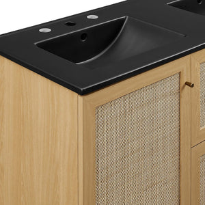 Modway Furniture Soma 48" Double Sink Bathroom Vanity with Rattan-Weave Doors and Soft-Close Storage Solutions Oak Black EEI-6722-OAK-BLK