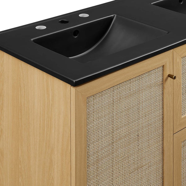 Modway Furniture Soma 48" Double Sink Bathroom Vanity with Rattan-Weave Doors and Soft-Close Storage Solutions Oak Black EEI-6722-OAK-BLK