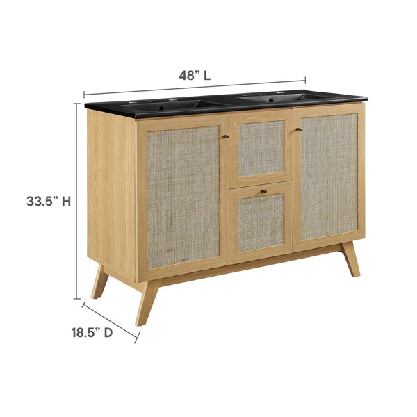 Modway Furniture Soma 48" Double Sink Bathroom Vanity with Rattan-Weave Doors and Soft-Close Storage Solutions Oak Black EEI-6722-OAK-BLK