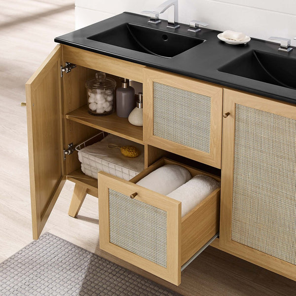 Modway Furniture Soma 48" Double Sink Bathroom Vanity with Rattan-Weave Doors and Soft-Close Storage Solutions Oak Black EEI-6722-OAK-BLK