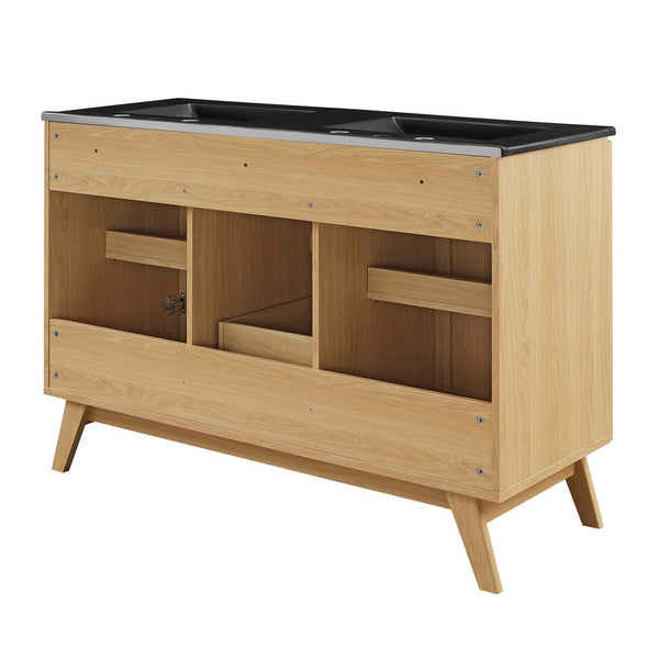 Modway Furniture Soma 48" Double Sink Bathroom Vanity with Rattan-Weave Doors and Soft-Close Storage Solutions Oak Black EEI-6722-OAK-BLK