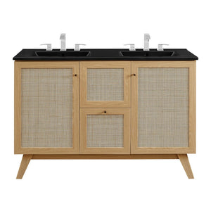 Modway Furniture Soma 48" Double Sink Bathroom Vanity with Rattan-Weave Doors and Soft-Close Storage Solutions Oak Black EEI-6722-OAK-BLK