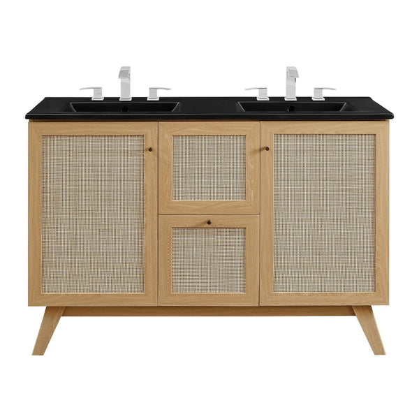 Modway Furniture Soma 48" Double Sink Bathroom Vanity with Rattan-Weave Doors and Soft-Close Storage Solutions Oak Black EEI-6722-OAK-BLK