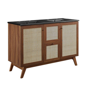 Modway Furniture Soma 48" Double Sink Bathroom Vanity with Rattan-Weave Doors and Soft-Close Storage Solutions Walnut Black EEI-6722-WAL-BLK