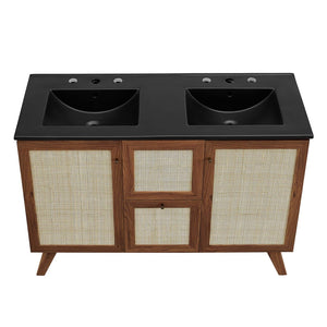 Modway Furniture Soma 48" Double Sink Bathroom Vanity with Rattan-Weave Doors and Soft-Close Storage Solutions Walnut Black EEI-6722-WAL-BLK