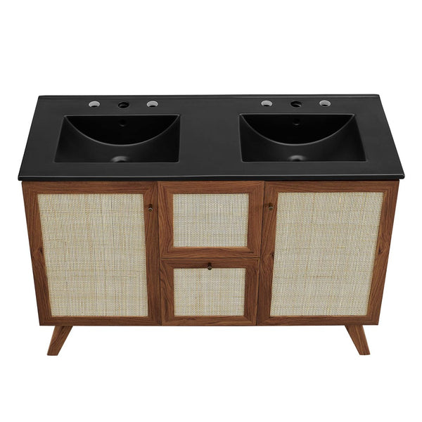 Modway Furniture Soma 48" Double Sink Bathroom Vanity with Rattan-Weave Doors and Soft-Close Storage Solutions Walnut Black EEI-6722-WAL-BLK