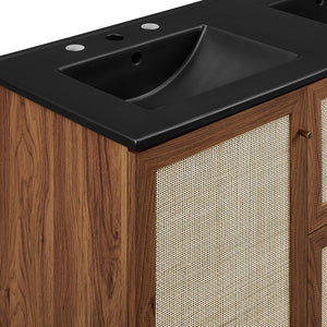 Modway Furniture Soma 48" Double Sink Bathroom Vanity with Rattan-Weave Doors and Soft-Close Storage Solutions Walnut Black EEI-6722-WAL-BLK