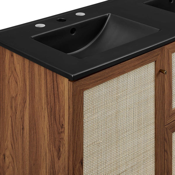 Modway Furniture Soma 48" Double Sink Bathroom Vanity with Rattan-Weave Doors and Soft-Close Storage Solutions Walnut Black EEI-6722-WAL-BLK