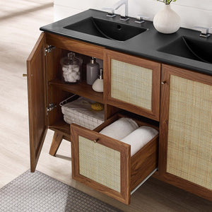 Modway Furniture Soma 48" Double Sink Bathroom Vanity with Rattan-Weave Doors and Soft-Close Storage Solutions Walnut Black EEI-6722-WAL-BLK