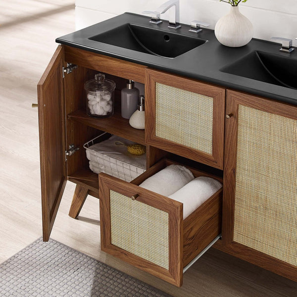 Modway Furniture Soma 48" Double Sink Bathroom Vanity with Rattan-Weave Doors and Soft-Close Storage Solutions Walnut Black EEI-6722-WAL-BLK