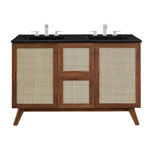 Modway Furniture Soma 48" Double Sink Bathroom Vanity with Rattan-Weave Doors and Soft-Close Storage Solutions Walnut Black EEI-6722-WAL-BLK