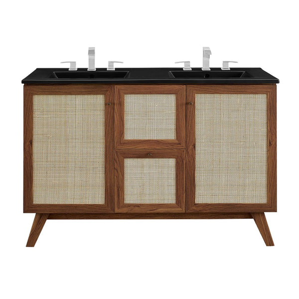 Modway Furniture Soma 48" Double Sink Bathroom Vanity with Rattan-Weave Doors and Soft-Close Storage Solutions Walnut Black EEI-6722-WAL-BLK