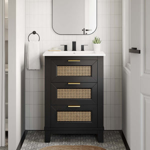 Modway Furniture Dixie 24" Solid Wood Bathroom Vanity with Rattan Touch, Ceramic Basin & Smart Storage Design EEI-6723-BLK-WHI