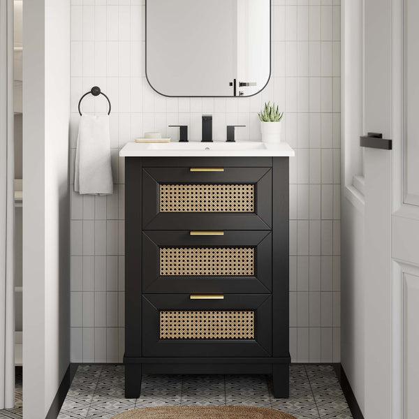Modway Furniture Dixie 24" Solid Wood Bathroom Vanity with Rattan Touch, Ceramic Basin & Smart Storage Design EEI-6723-BLK-WHI