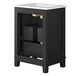 Modway Furniture Dixie 24" Solid Wood Bathroom Vanity with Rattan Touch, Ceramic Basin & Smart Storage Design EEI-6723-BLK-WHI