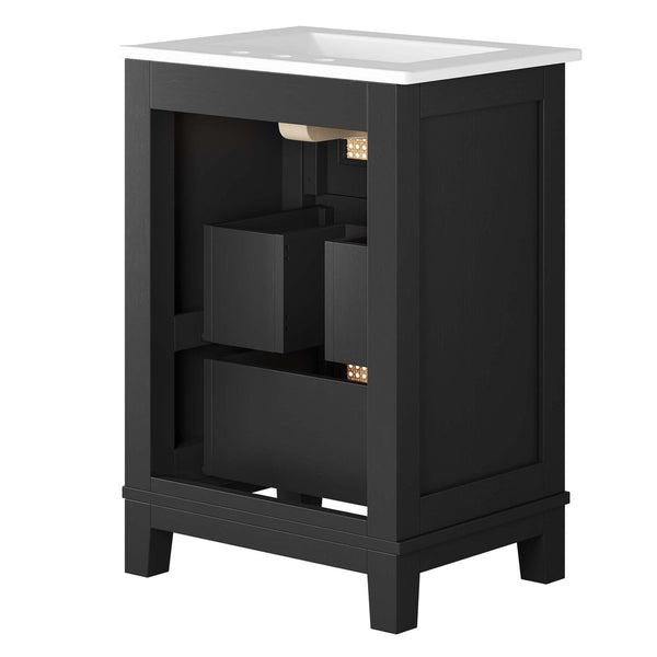 Modway Furniture Dixie 24" Solid Wood Bathroom Vanity with Rattan Touch, Ceramic Basin & Smart Storage Design EEI-6723-BLK-WHI