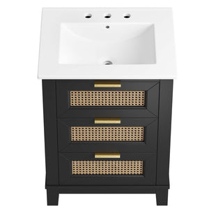 Modway Furniture Dixie 24" Solid Wood Bathroom Vanity with Rattan Touch, Ceramic Basin & Smart Storage Design EEI-6723-BLK-WHI