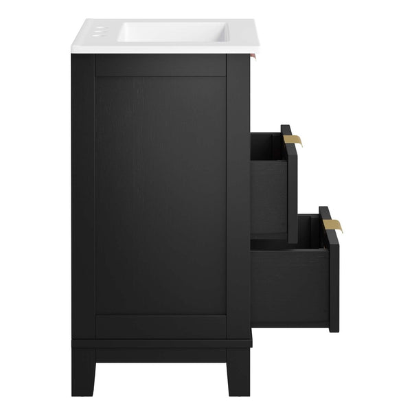 Modway Furniture Dixie 24" Solid Wood Bathroom Vanity with Rattan Touch, Ceramic Basin & Smart Storage Design EEI-6723-BLK-WHI