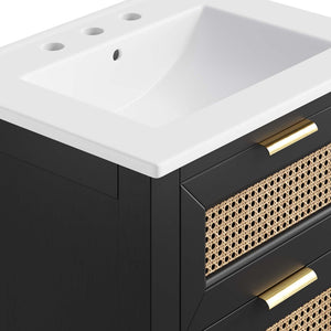 Modway Furniture Dixie 24" Solid Wood Bathroom Vanity with Rattan Touch, Ceramic Basin & Smart Storage Design EEI-6723-BLK-WHI