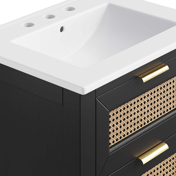 Modway Furniture Dixie 24" Solid Wood Bathroom Vanity with Rattan Touch, Ceramic Basin & Smart Storage Design EEI-6723-BLK-WHI