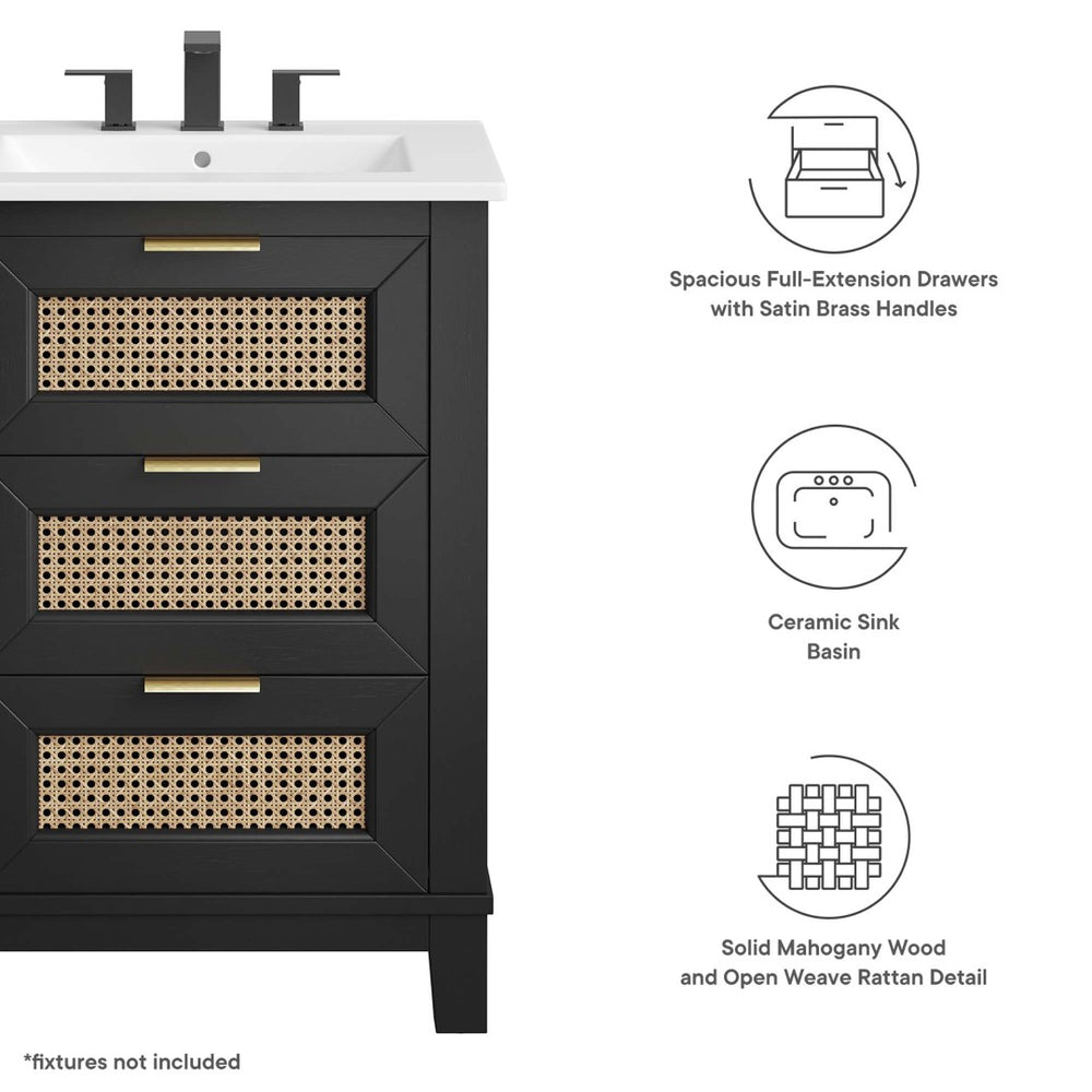Modway Furniture Dixie 24" Solid Wood Bathroom Vanity with Rattan Touch, Ceramic Basin & Smart Storage Design EEI-6723-BLK-WHI