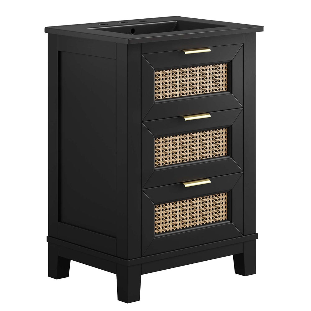 Modway Furniture Dixie 24" Solid Wood Bathroom Vanity Cabinet with Rattan Drawers & Ceramic Basin - Modern Storage EEI-6724-BLK-BLK